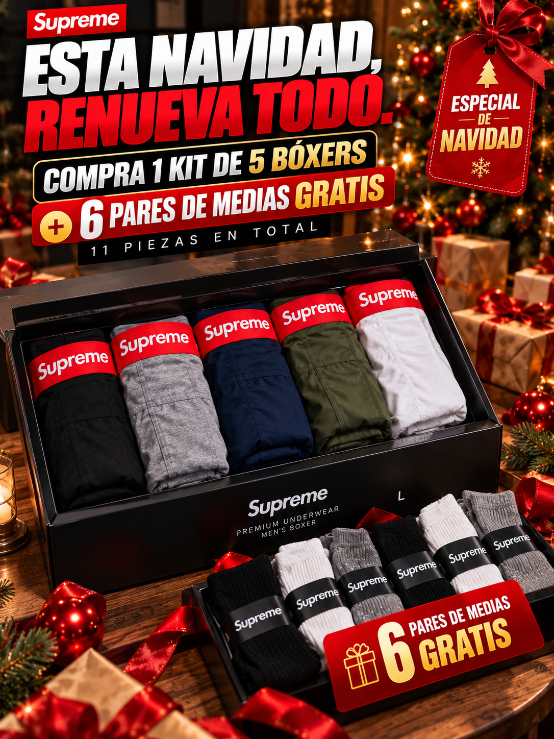 KIT 5 BÓXERS SUPREME + 6 PARES DE MEDIAS GRATIS